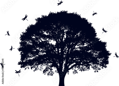 Dramatic silhouette of an ancient, sprawling oak tree with graceful dragonflies in harmonious flight, symbolizing natural balance and serene wilderness life