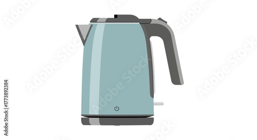 A modern, minimalist electric kettle illustration in shades of blue-gray. Features a base, handle, spout, and a power button icon