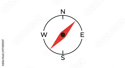A simple, vector-style navigational instrument. A red needle with a black center point within a circular casing. Cardinal directions labeled