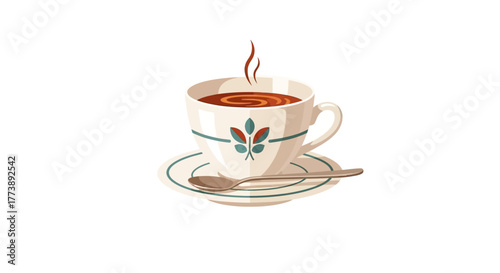 Illustration of a teacup with steam rising, on a saucer with a spoon. Floral design on the cup