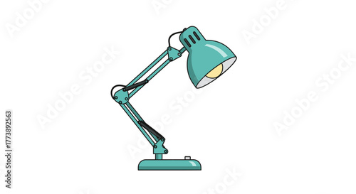 A turquoise desk lamp illuminates with a yellow glow. Its articulated arms and shade are detailed against a white background