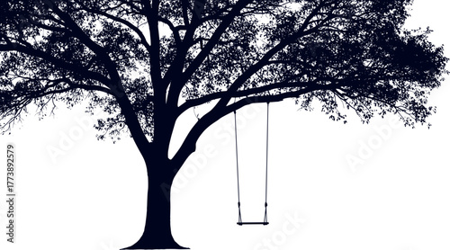 Vector silhouette of a large, majestic tree with a single swing, symbolizing nostalgic childhood memories and peaceful solitude