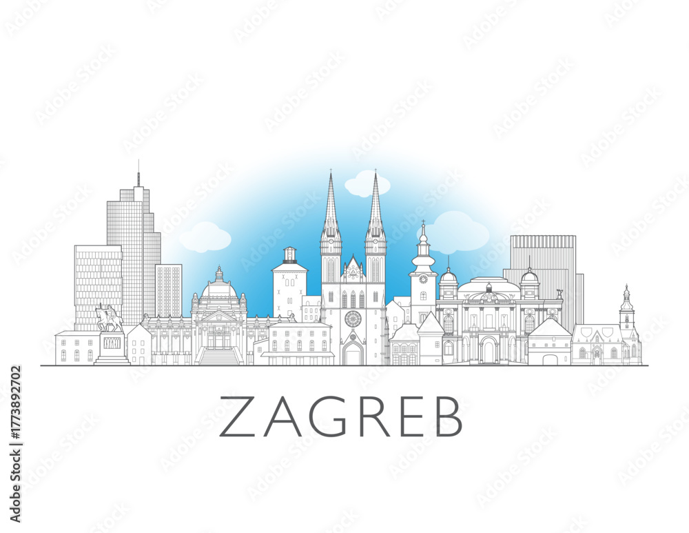 Fototapeta premium Zagreb, Croatia, cityscape illustration skyline drawing