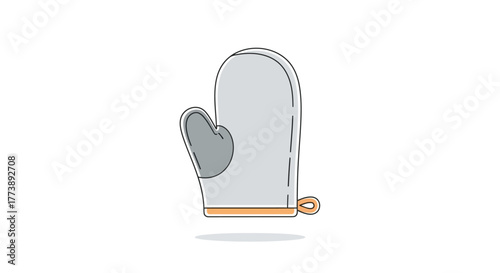 Flat illustration of a single oven mitt. It's grey with an orange cuff and outline, on a white background with a shadow