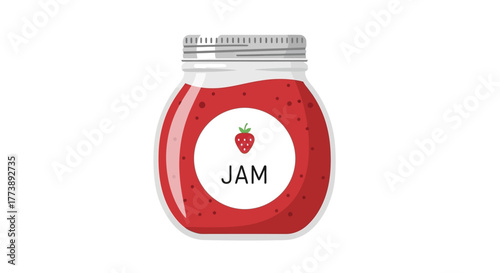 A clear jar filled with red, fruit-filled preserve, a label with a strawberry, and silver lid sits on white