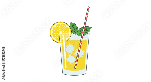 A refreshing summer drink in a clear glass with ice cubes, a lemon slice, mint, and a striped straw