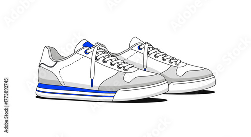A pair of clean, white sneakers with grey and blue accents, shoelaces, and a minimalist design, on a white background