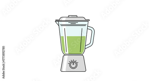 A vector illustration depicts a countertop blender filled with green liquid against a white background. It's clean and minimalist
