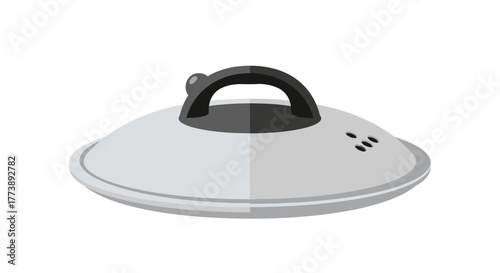 A slightly angled, simple illustration of a metal lid with a black handle, featuring ventilation holes on its surface