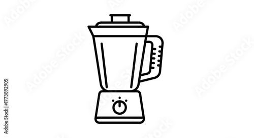 A black and white line art illustration of a blender with a tall pitcher, base with a dial and handle