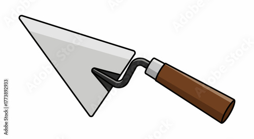 Cartoonish trowel, metal triangle blade with curved handle and brown grip. Simple design on a white background
