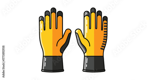 Vector illustration of two gloves, each with black tips, grey cuffs, and orange palms. Showing the front & back