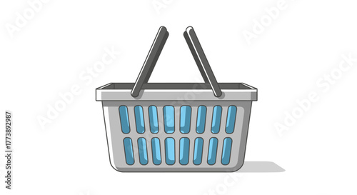 A light gray shopping basket with a blue interior and gray handles. The basket casts a small shadow on a white background
