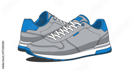 A vector illustration depicts a pair of sporty shoes. Predominantly gray with blue accents and white laces