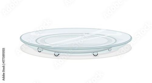 A transparent glass plate with a raised center section and three small feet, casting a soft shadow on a white surface
