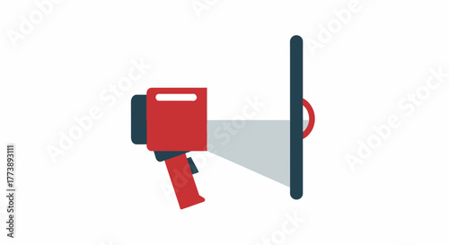 A simple, flat design icon of a red and blue megaphone, pointing right, on a white background