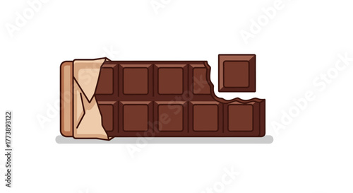 Vector illustration of a partially unwrapped chocolate bar with one square bitten off. Beige wrapper visible