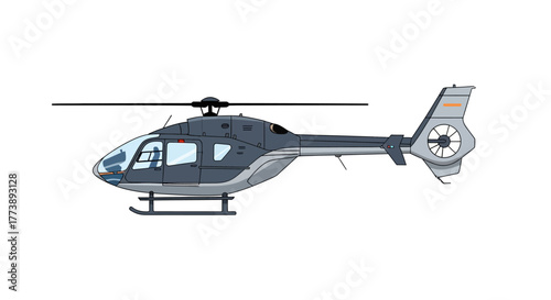 A grey helicopter, viewed from the side, on a white background, with visible rotor blades and tail