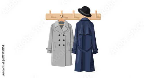 A wooden wall rack displays a light gray overcoat, dark blue trench coat, and a black bowler hat, all hanging