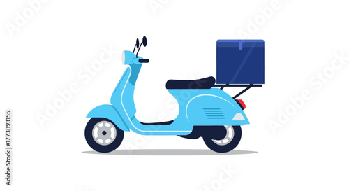 A stylized, light blue scooter with a black seat and storage box is depicted against a white background. It suggests food delivery