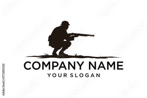 Silhouette of a hunter or soldier in helmet crouching with a shotgun, isolated on white with ground and grass details, perfect for logos and branding.