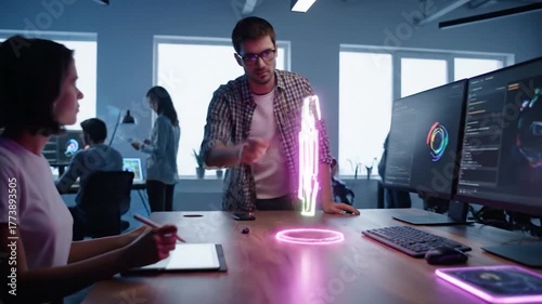 Futuristic Office Team Collaborating on Holographic Technology.