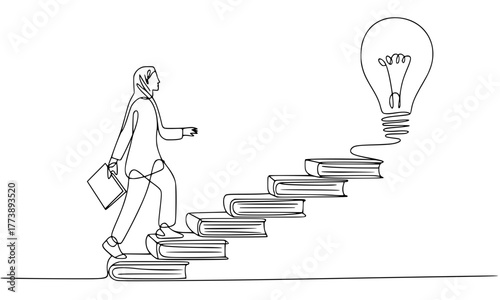 Single continuous line drawing of a business woman in a hijab walking up a staircase made of books, representing education, career progress, and the journey to knowledge and success.