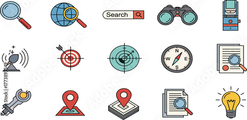 A comprehensive set of flat color icons representing concepts of search, analysis, navigation, and strategic discovery