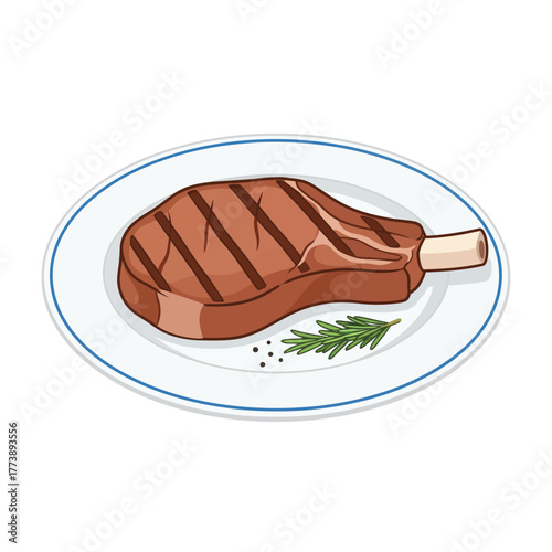 Juicy grilled tomahawk steak with rosemary and peppercorns on a plate