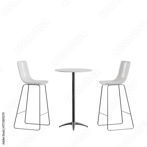 modern bar table set with two white high chairs and a round metal table, viewed from the front angle. Minimalist furniture for dining, cafe, or kitchen interior.

