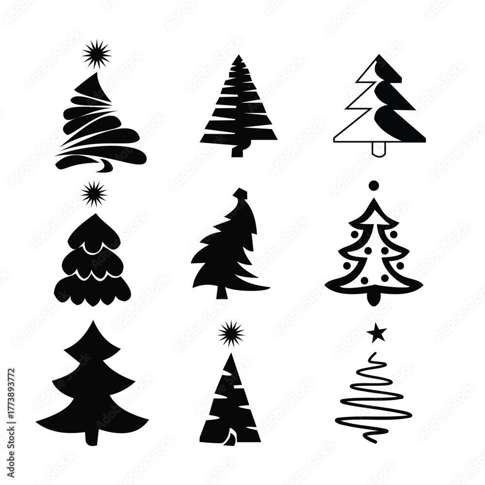 Obraz premium Collection of nine unique hand drawn silhouette christmas trees with stars on white background
