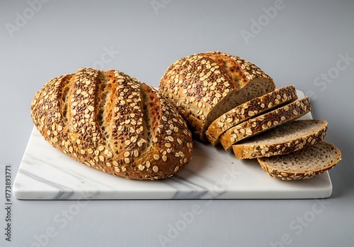Two rustic loaves of whole grain bread one sliced displayed on a marble cutting board with a plain background