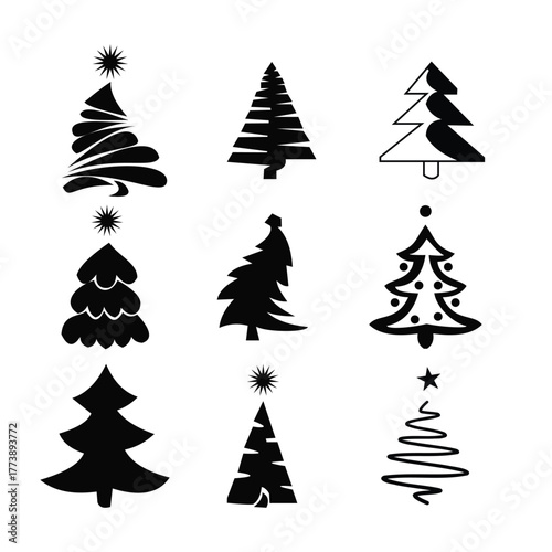 Collection of nine unique hand drawn silhouette christmas trees with stars on white background