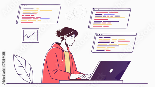 Coder Working with Holograms — Futuristic Technology Vector Art