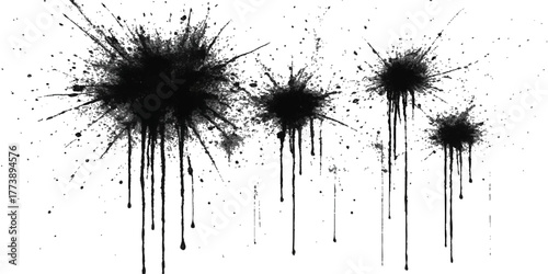Grunge black ink splat silhouette of a fluffy white dandelion seed head blowing seeds into the blue summer sky