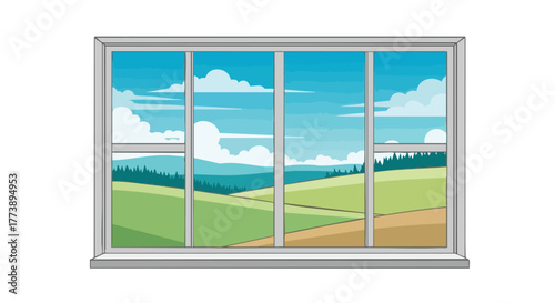 A vibrant illustration of a window frame offering a picturesque view of a sunny landscape with rolling green hills, blue skies, and fluffy white clouds, perfect for design.