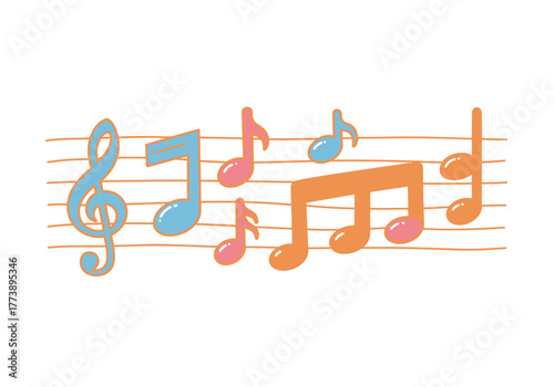 Colorful hand drawn musical notes on a staff illustration.