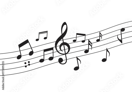 Black musical notes on a white background.