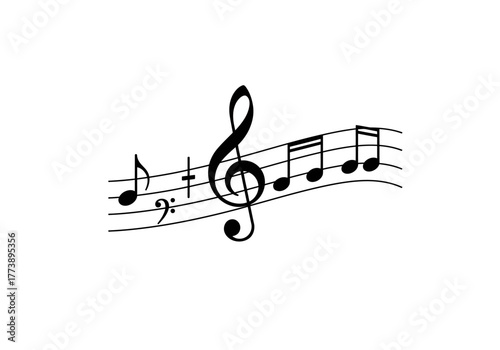 Musical notation with treble and bass clef and notes on staff lines.