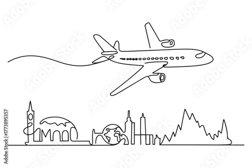 Continuous one line drawing air plane with famous world landmarks. World traveler Concept. one line Icon drawing with white background