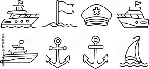 Nautical Icon Set Outline Style | Boat, Yacht, Anchor, Flag, and Captain Hat Vector Illustration for Marine and Cruise Themed Designs