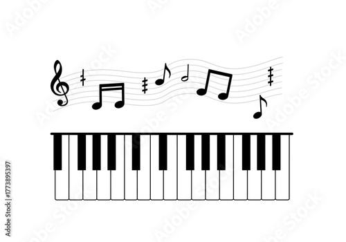Simple Piano Keyboard with Musical Notes Illustration.