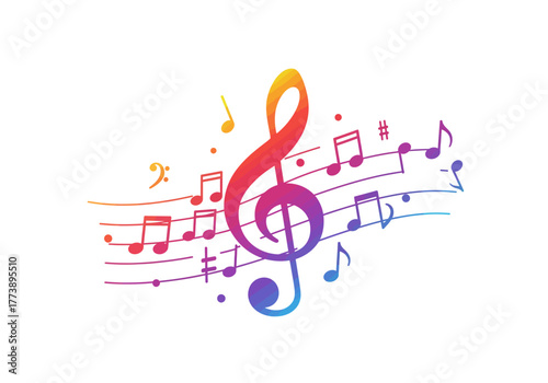 Colorful musical notes and treble clef on a white background.