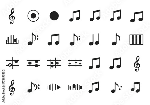 Collection of Musical Notes and Symbols for Music Education and Design.