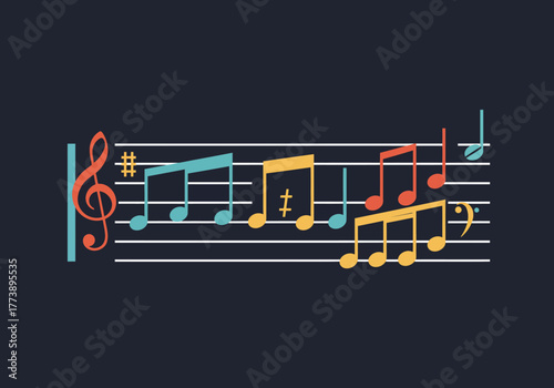 Colorful Musical Notes on Staff with Treble Clef and Accidentals.