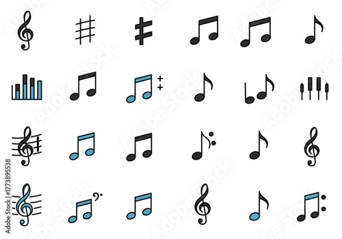A diverse collection of hand drawn musical notes and symbols.