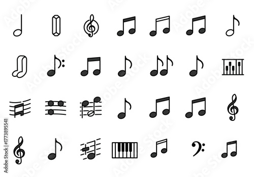 Collection of Musical Notes and Symbols in Black and White.