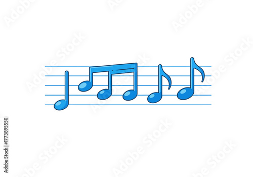 Blue musical notes on a staff representing melody and harmony.