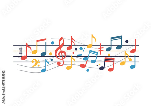 Colorful musical notes and symbols on a staff.