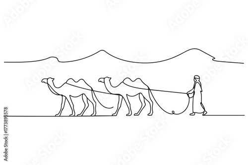 Single one-line drawing people pulling camels in the desert. Islamic new year concept. one line Icon drawing with white background